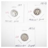 Set of 3 Mercury Dimes 1917, 1917-D, 1917-S U.S. Silver Coins