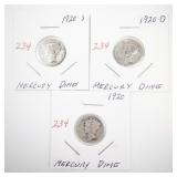 Set of 3 1920 Mercury Dimes 1920-S 1920-D 1920 US Silver Coins