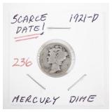 1921-D Mercury Dime Scarce Date US Silver Coin
