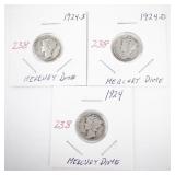 Set of 3 Mercury Dimes 1924, 1924-S, 1924-D