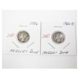 2 Mercury Dimes 1926 and 1926-D US Silver Coins