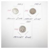 1929 Mercury Dime Coin Lot Including 1929, 1929-S, and 1929-D