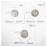 Group of 3 - 1936 Mercury Dime Collection with 1936-P, 1936-D, and 1936-S