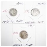 Set of 3 1937 Mercury Dime Trio: 1937, 1937-D, 1937-S