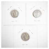 Set of 3 1937 Mercury Dime Trio: 1937, 1937-D, 1937-S