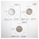 Lot of 3 Mercury Dimes 1938-S, 1938, 1938-D