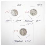 Set of 3 Mercury Dimes 1939, 1939-D, 1939-S