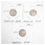 1940 Mercury Dime Coin Set Including 1940, 1940-D, 1940-S