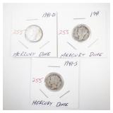 Set of 3 Mercury Dimes 1941, 1941-D, 1941-S