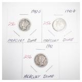 Set of 3 1947 Mercury Dimes Including 1947-S, 1947-D, and 1947