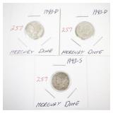 Set of 3 Mercury Dimes 1943-D and 1943-S