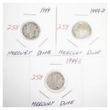 Lot of 3 Mercury Dimes 1944, 1944-D, 1944-S
