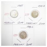 Set of 3 1945 Mercury Silver Dimes (P, D, S Mint Marks)
