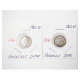 1961-D and 1962-D Roosevelt Dimes in Card Holders