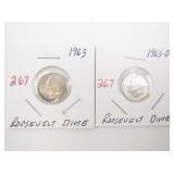 1963 and 1963-D Roosevelt Dimes in Holders