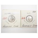 Pair of 1964 Roosevelt Dimes (One 1964-D) in Holders
