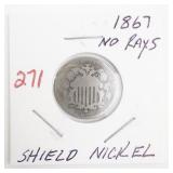 1867 Shield Nickel No Rays US 5 Cent Coin
