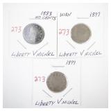 Collection of 3 Liberty V Nickels 1883 No Cents, 1897, 1899
