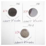 Set of 3 Nickels: 1911, 1912, and 1912-D Liberty V Nickels