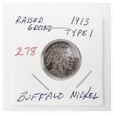 1913 Type 1 Buffalo Nickel Raised Ground