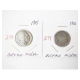 1915 and 1916 Buffalo Nickel Coins Set