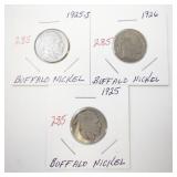 Set of 3 Buffalo Nickels 1925, 1925-S, and 1926