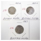1927 Buffalo Nickel Coin Trio: 1927, 1927-D, 1927-S