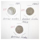 Lot of 3 Buffalo Nickels 1928, 1928-D, and 1928-S