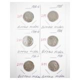 Set of 6 Buffalo Nickels 1930-1935 Assorted Dates and Mints