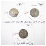 Lot of 3 Silver War Nickels 1943-P, 1943-D, 1943-S