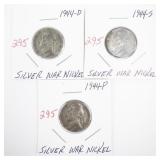 Set of 3 Silver War Nickels 1944-P, 1944-D, 1944-S