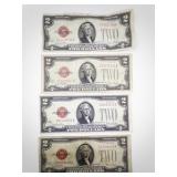 4 Red Seal $2 Dollar Bills Series 1928 G US Currency