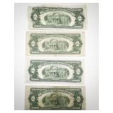 4 Red Seal $2 Dollar Bills Series 1928 G US Currency