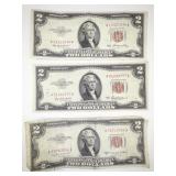 3 Red Seal $2 Bills Series 1953, 1953A, 1953B