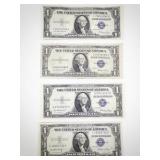 Set of 4 Silver Certificates Series 1935 E $1 Bills