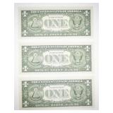3 Uncirculated 1957A $1 Silver Certificates Consecutive Serial Numbers