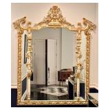 Very Large Ornate and Elegant Gilt and Painted Mirror with Floral Motif
