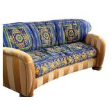 J. Coro Collection Upholstered Sofa with Versace Pattern Fabric and Ornate Wooden Accents