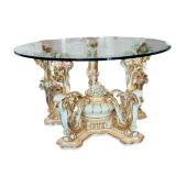 Ornate Italian Asnaghi Glass Top Dining Table with Sculpted Floral Base / Vintage Baroque Style Table