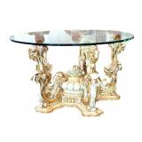 Ornate Italian Asnaghi Glass Top Dining Table with Sculpted Floral Base / Vintage Baroque Style Table