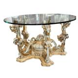 Ornate Italian Asnaghi Glass Top Dining Table with Sculpted Floral Base / Vintage Baroque Style Table