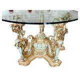 Ornate Italian Asnaghi Glass Top Dining Table with Sculpted Floral Base / Vintage Baroque Style Table