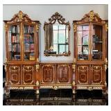 Large Ornate Italian Style Display Cabinet and Mirror Set with Gold Accents