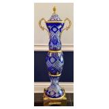 Large Ornate Cobalt Blue Cut Glass Urn with Gold Handles and Base