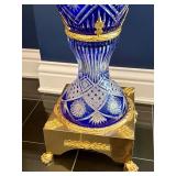 Large Ornate Cobalt Blue Cut Glass Urn with Gold Handles and Base