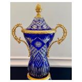 Large Ornate Cobalt Blue Cut Glass Urn with Gold Handles and Base