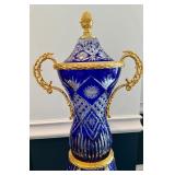 Large Ornate Cobalt Blue Cut Glass Urn with Gold Handles and Base