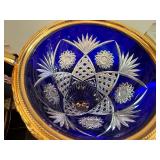 Large Ornate Cobalt Blue Cut Glass Urn with Gold Handles and Base