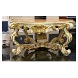 Baroque-Style Marble Top Foyer Table with Ornate Gold Accents