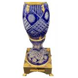 56-Inch Tall Blue Cut Crystal Vase / Urn with Gold Accents on Pedestal Base